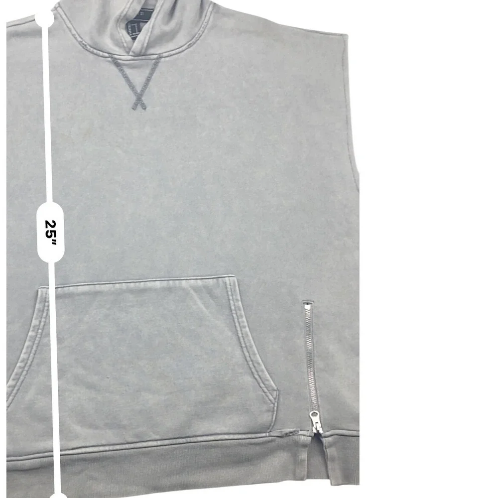 Forever 21 Men Grey Sleeveless Hoodie Vintage Wash Side Zip Pullover Vest Large
